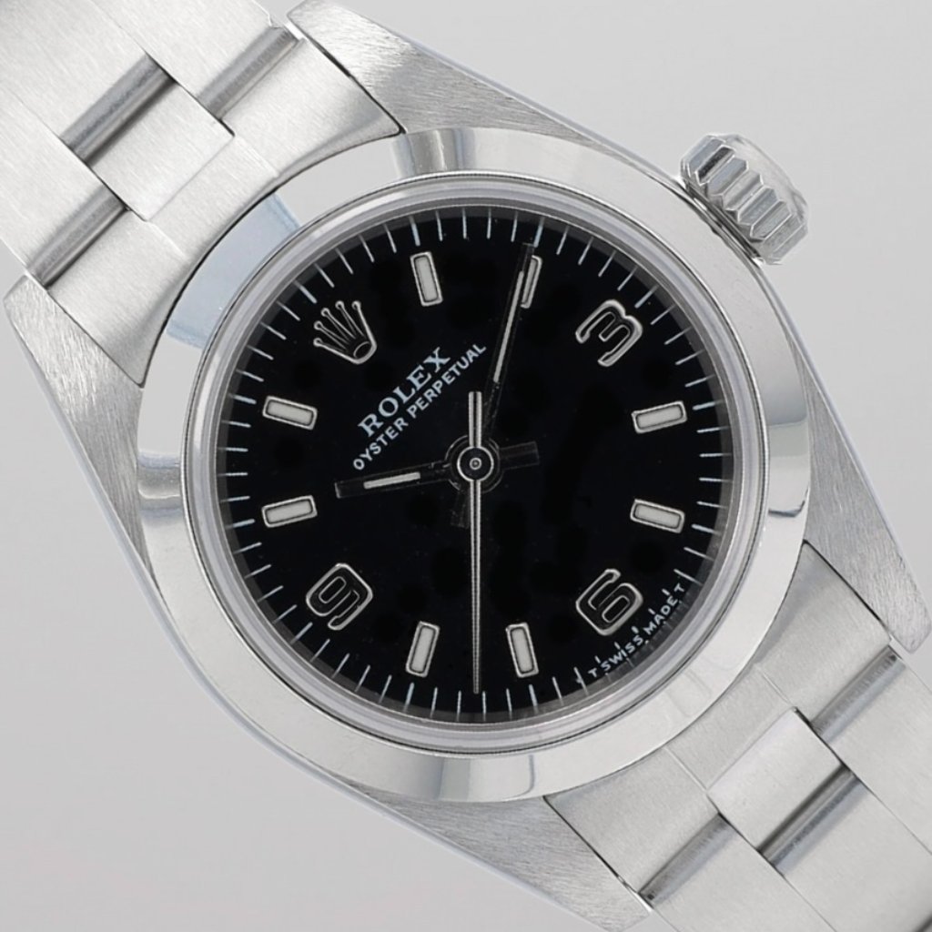Rolex Ladies Oyster Perpetual Black Index Arabic Dial Smooth Bezel Oyster 67180